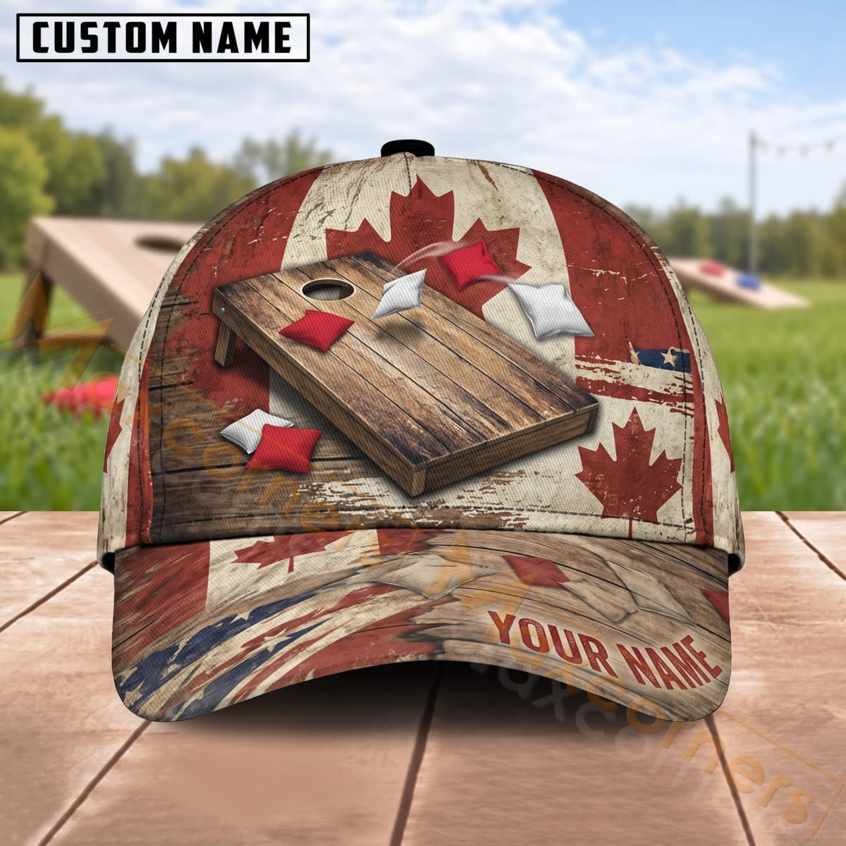 Maxcorners Cornhole Canadian Flag Maple Leaf Boards Personalized Name 3D Cap