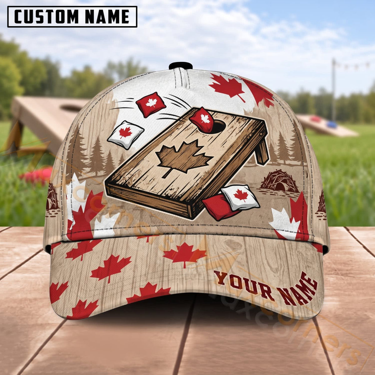 Maxcorners Cornhole Canadian Maple Leaf Boards And Bags Personalized Name 3D Cap