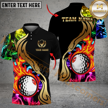 Maxcorners Fire & Smoke Golf Ball Golden Pattern Multicolor Customized Name, Team Name 3D Shirts