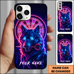 Maxcorners Darts Neon Wolf With Dartboard Cyber Punk Style Personalized Name Phone Case