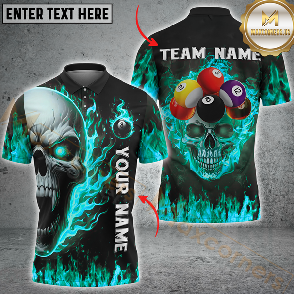 Maxcorners Billiard Skull Fire Flame Multicolor Options Personalized Name, Team Name 3D Shirt