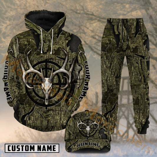 Maxcorners Hunting Deer Skull Antlers Green Woodland Camouflage Personalized 3D Combo Hoodie, Sweatpants Set & Cap