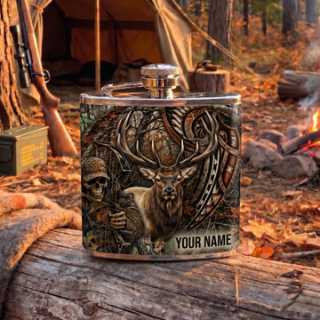 Maxcorners Hunting Rustic Whitetail Deer Antler Woodland Design Personalized Name 3D Hip Flask