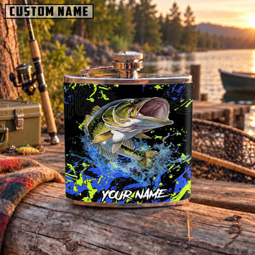 Maxcorners Fishing Largemouth Bass Neon Splash Personalized Name 3D Hip Flask