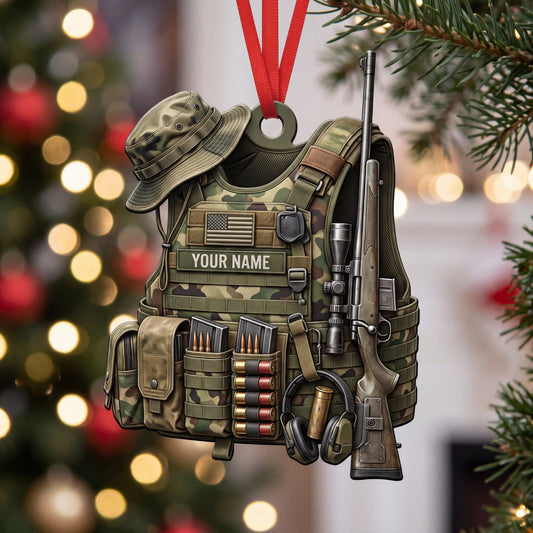 Maxcorners Hunting Tactical Camo Vest Cap And Rifle Personalized Name 3D Keychain And Ornament
