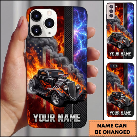 Maxcorners Hot Rod Black Vintage Car with Blue and Orange Flame Personalized Name 3D Phone Case