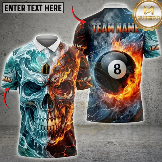 Maxcorners Billiards Half Fire Half Ice Skull Flaming 8 Ball Multicolor Customized Name, Team Name 3D Shirts ( 4 Colors )