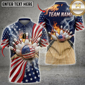 Maxcorners Bowling American Flag Bowling Strike And Golden Pins Personalized Name 3D Unisex Shirt
