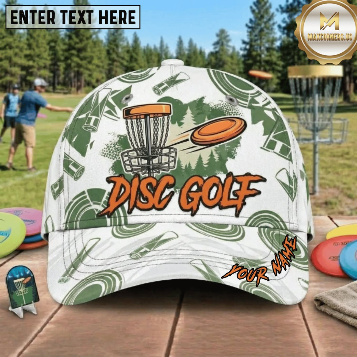 Maxcorners Disc Golf Mountain Flying Disc & Chain Basket Personalized Name 3D Cap LM3009