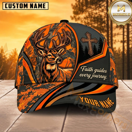 Maxcorners Deer Hunting Whitetail Deer Skull Faith Quote Orange Black Woodland Camo Customized Name 3D Cap