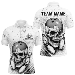 Maxcorners Black and White Grunge Skull Bowling Polo, 1/4 Zip Shirts For Men Custom Skull team bowling jerseys  LM154