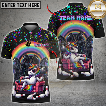 Maxcorners Bowling Funny Unicorn Rainbow Splash Personalized Name, Team Name 3D Shirt
