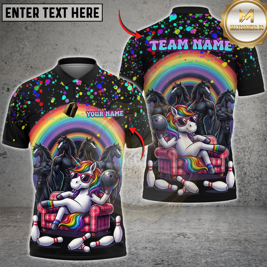 Maxcorners Bowling Funny Unicorn Rainbow Splash Personalized Name, Team Name 3D Shirt