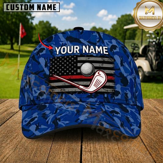 Maxcorners Golf American Flag Blue Black Red White Personalized Name 3D Cap