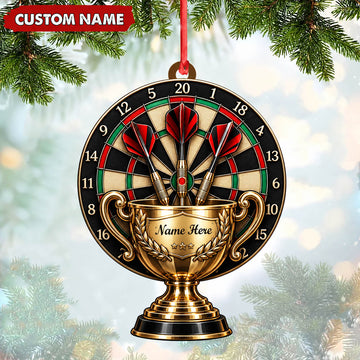 Maxcorners Darts Lover Golden Trophy Cup, Target Board, Crossed Darts Personalized Name Ornament 2D Flat