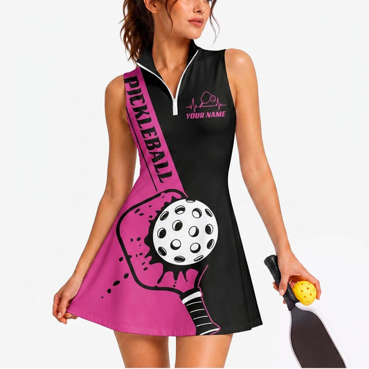 Maxcorners Pickleball Sleeveless Zipper Sports Dress Set Pink Black Pickleball Paddle Personalized Name 3D Sleeveless Zipper Sports Dress Set