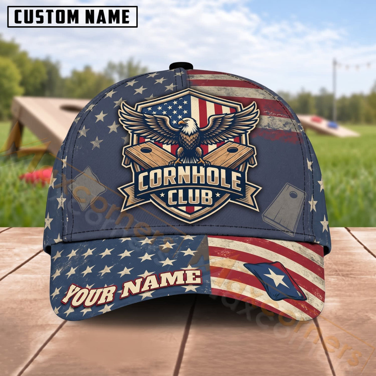 Maxcorners Cornhole American Flag Cornhole Club Personalized Name 3D Cap