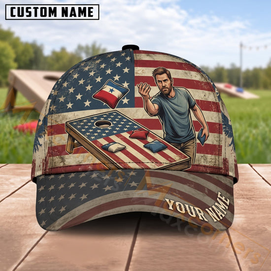 Maxcorners Cornhole American Flag Male Player Backyard Game Personalized Name 3D Cap