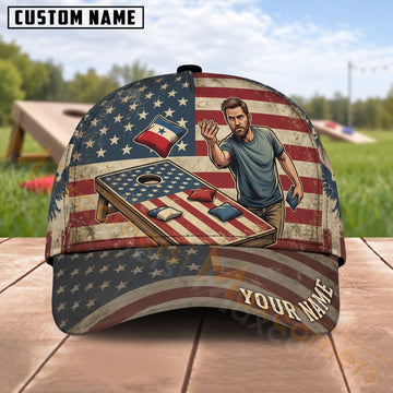 Maxcorners Cornhole American Flag Male Player Backyard Game Personalized Name 3D Cap