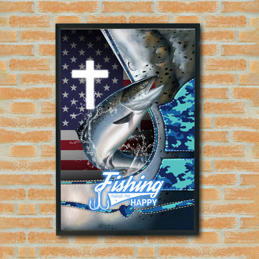 Maxcorners Salmon Fishing Faith Cross USA Flag Art Personalized Name 3D Poster