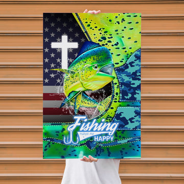 Maxcorners Mahi Mahi Fishing Faith Cross USA Flag Splash Art Personalized Name 3D Poster