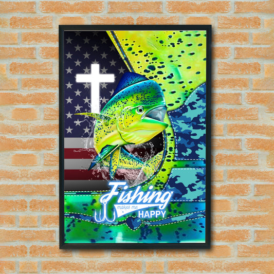 Maxcorners Mahi Mahi Fishing Faith Cross USA Flag Splash Art Personalized Name 3D Poster