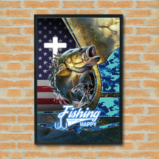 Maxcorners Largemouth Bass Fishing Faith Cross USA Flag Power Art Personalized Name 3D Poster