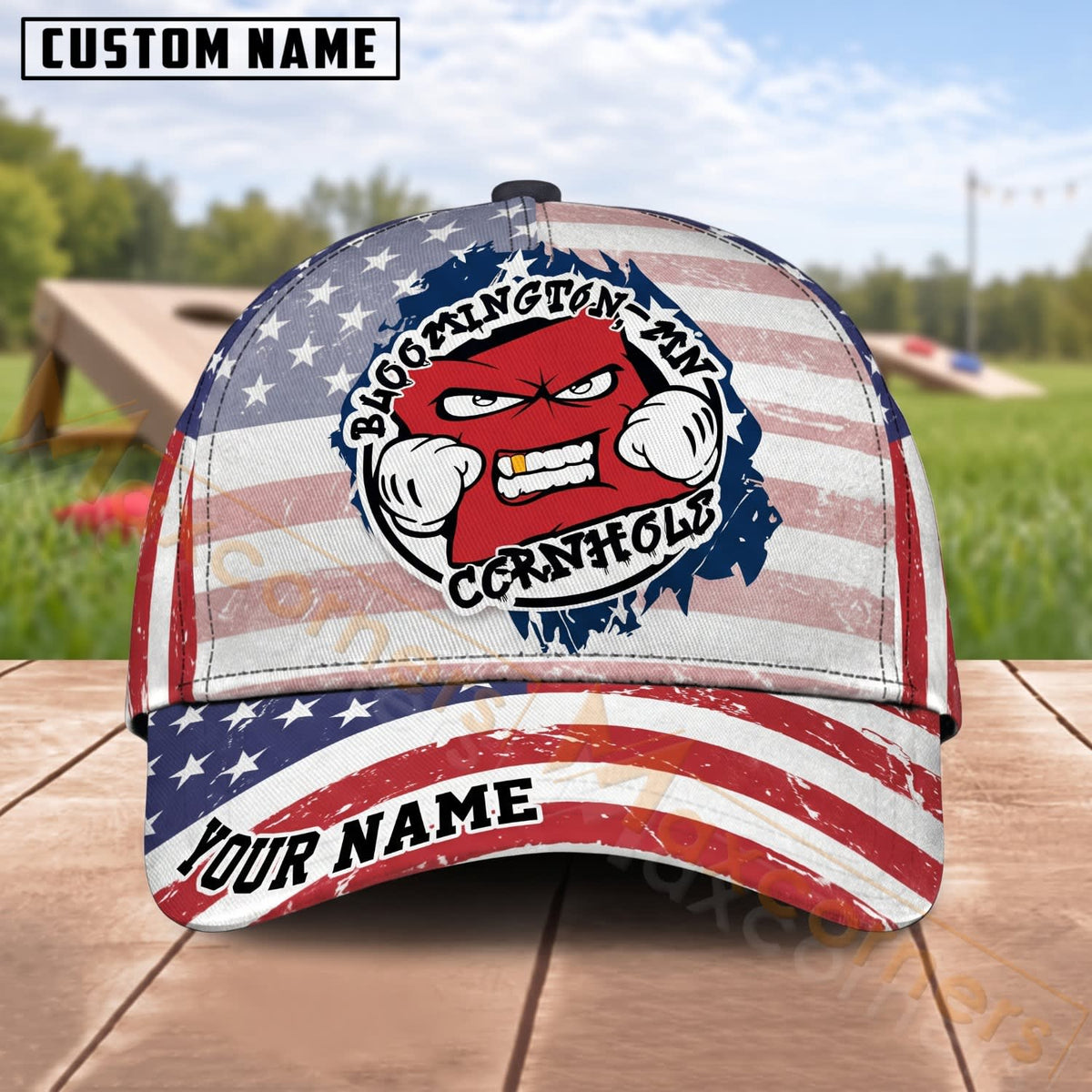 Maxcorners Cornhole Patriotic Cartoon Bean Bag Mascot American Flag Personalized Name 3D Cap