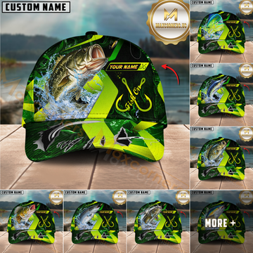 Maxcorners Fishing Green Neon Hook Splash Multiple Options Personalized Name 3D Cap (12 Fish Species)