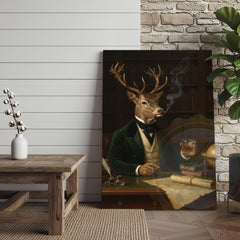Maxcorners Aristocrat Deer Scholar with Whiskey and Cigar in Victorian Library Wrapped Canvas Wall Art
