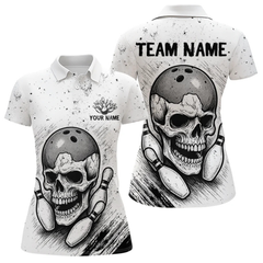 Maxcorners Black and White Grunge Skull Bowling Polo, 1/4 Zip Shirts For Men Custom Skull team bowling jerseys  LM154