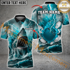 Maxcorners Shark and Lightning Bowling Jersey Multicolor Option Customized Name, Team Name 3D Polo Shirt