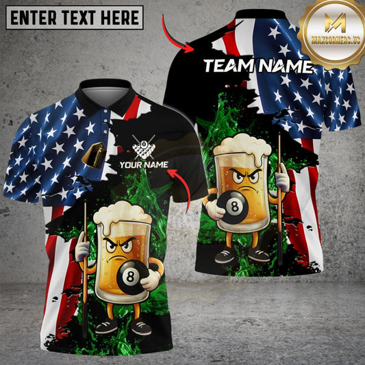 Maxcorners Billiards Ball 8 Grumpy Beer Mug American Flag Customized Name, Team Name 3D Shirt (4 Colors)