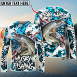 Maxcorners Musky Fishing American Flag Light Blue Camo Personalized Name, Team Name 3D Long Sleeve Shirt