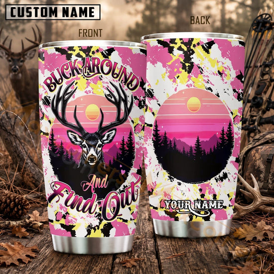 Maxcorners Hunting Pink Deer Mountain Sunset Personalized Name 3D Tumbler