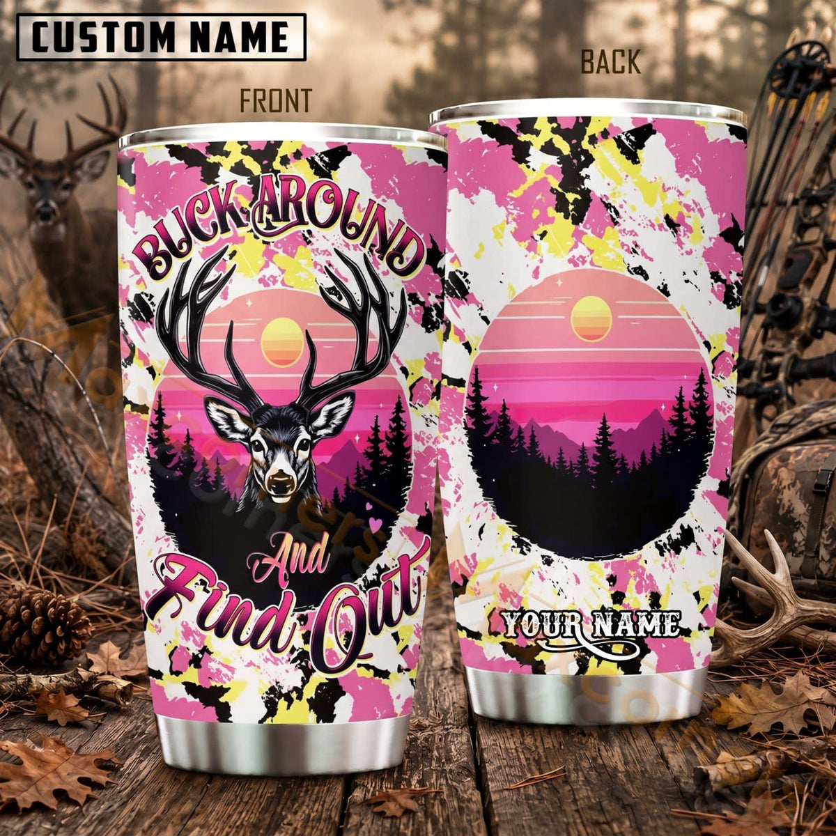 Maxcorners Hunting Pink Deer Mountain Sunset Personalized Name 3D Tumbler