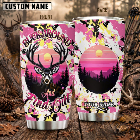 Maxcorners Hunting Pink Deer Mountain Sunset Personalized Name 3D Tumbler