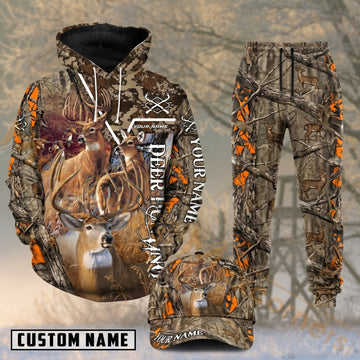 Maxcorners Hunting Trophy Whitetail Buck Orange Leaf Woodland Camouflage Personalized 3D Combo Hoodie, Sweatpants Set & Cap