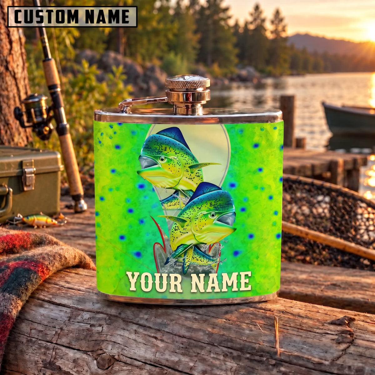 Maxcorners Fishing Mahi Mahi Green Ocean Splash Personalized Name 3D Hip Flask