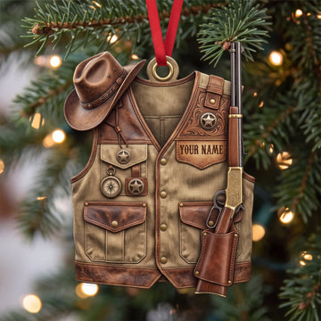 Maxcorners Hunting Rustic Western Vest Hat And Rifle Personalized Name 3D Keychain And Ornament