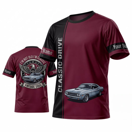 Maxcorners Personalized Car Classic Muscle Car 3D T-Shirt – Burgundy Black Classic Drive and Silver Vintage Car