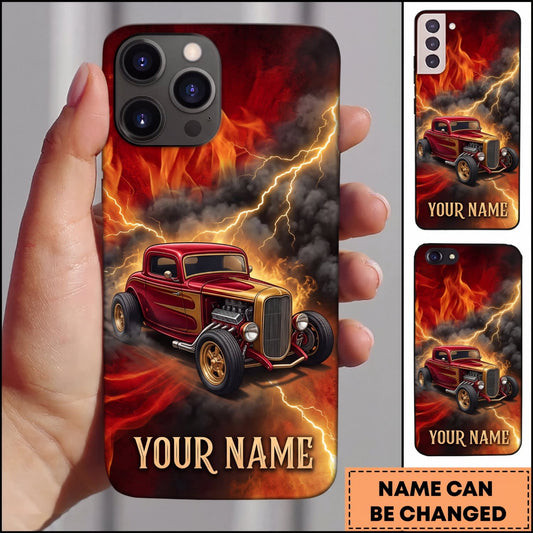 Maxcorners Hot Rod Golden Vintage Car with Fire and Dark Smoke Personalized Name 3D Phone Case