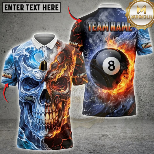 Maxcorners Billiards Half Fire Half Ice Skull Flaming 8 Ball Multicolor Customized Name, Team Name 3D Shirts ( 4 Colors )