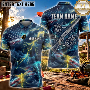 Maxcorners Clay Shooting Blue Lightning Shotgun Target Personalized Name 3D Unisex Shirt