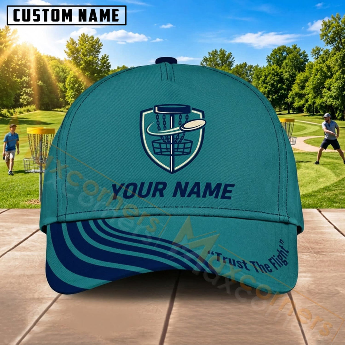 Maxcorners Disc Golf Teal Wave Chain Basket Personalized Name 3D Cap