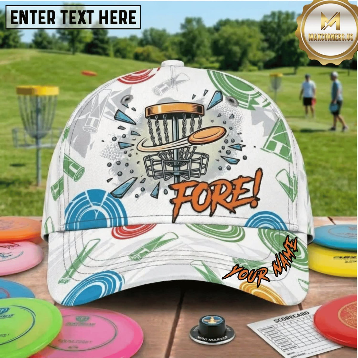 Maxcorners Disc Golf Fore Flying Disc & Chain Basket Personalized Name 3D Cap LM3009