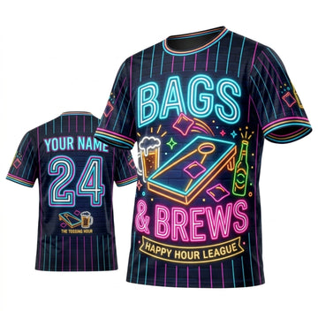 Maxcorners Cornhole Bags And Brews Retro Stripes Personalized Name 3D Unisex Shirt