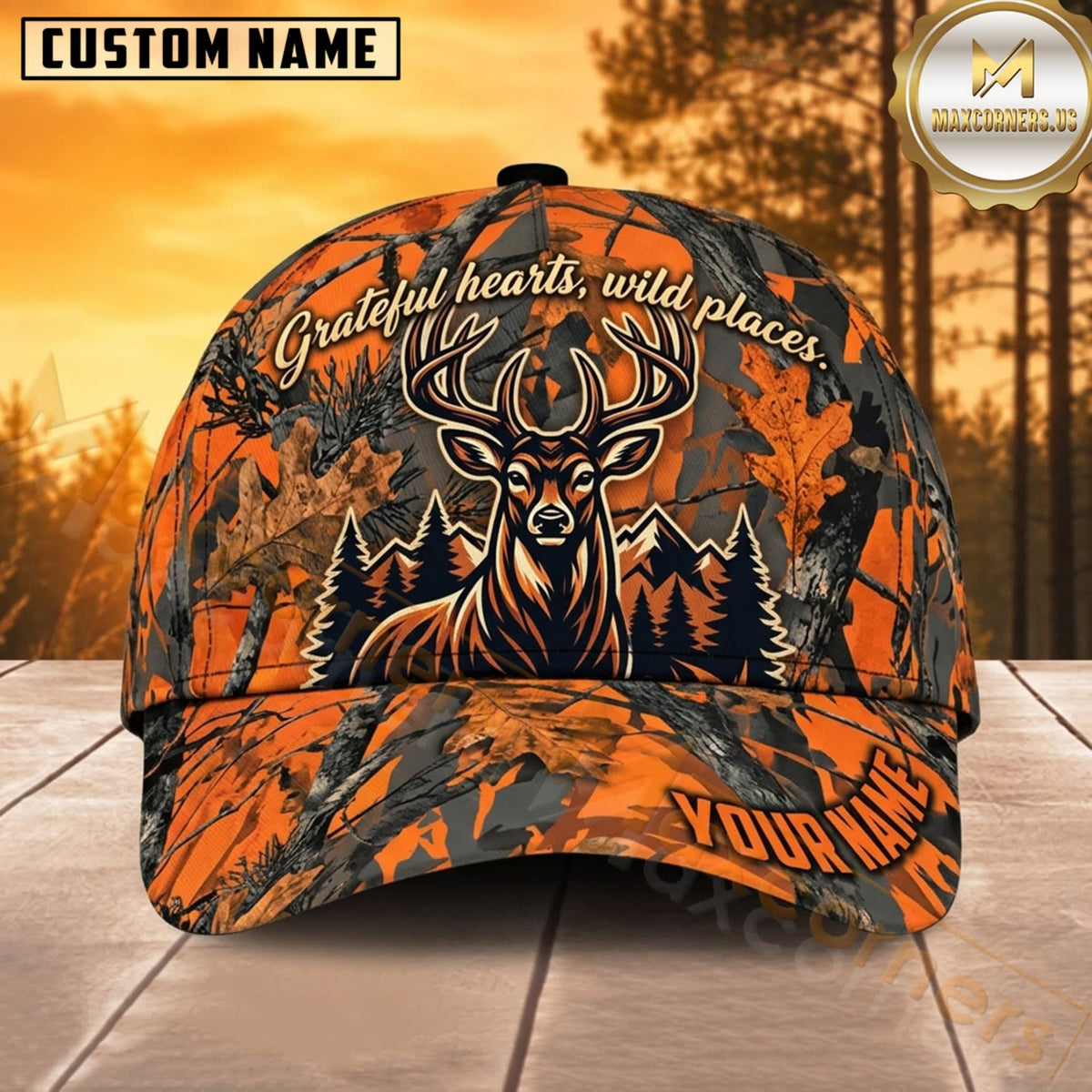 Maxcorners Deer Hunting Whitetail Deer Skull Autumn Leaves Orange Forest Camo Customized Name 3D Cap
