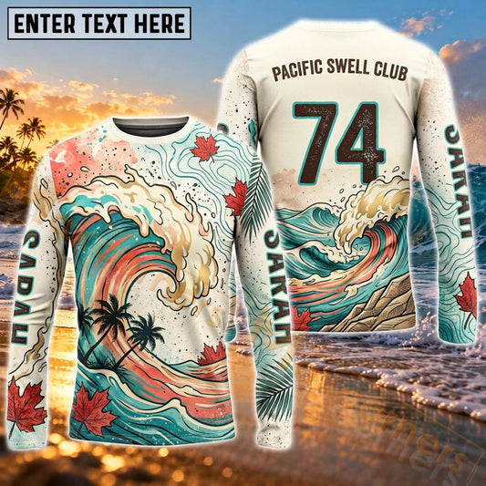 Maxcorners Surfboard Vintage Nautical Wave Art Customized Name, Number, Team Name 3D Long Sleeve Shirts