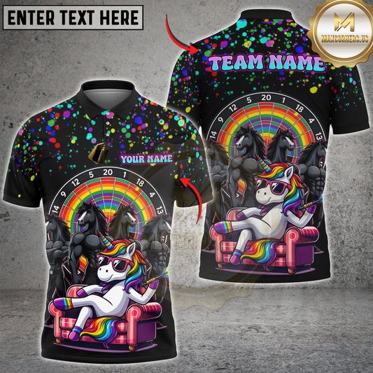 Maxcorners Darts Funny Unicorn Rainbow Splash Personalized Name, Team Name 3D Shirt